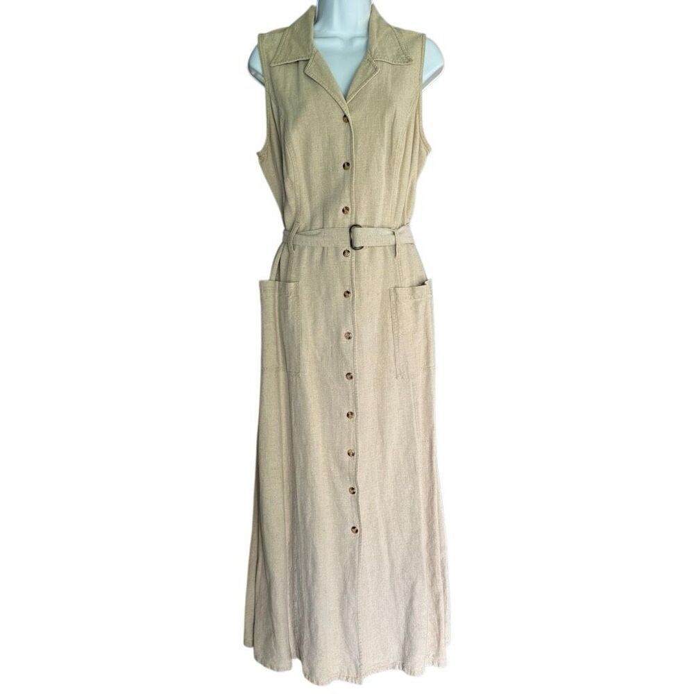 NY Jeans New York & Company Linen Blend Belted Button Front Maxi Dress 10
